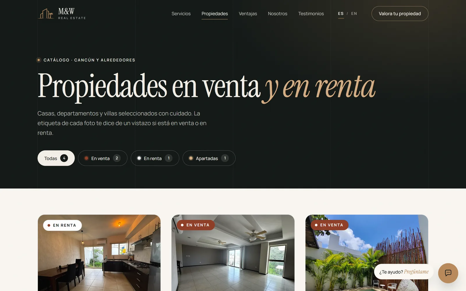 Catálogo de propiedades con filtros de venta y renta